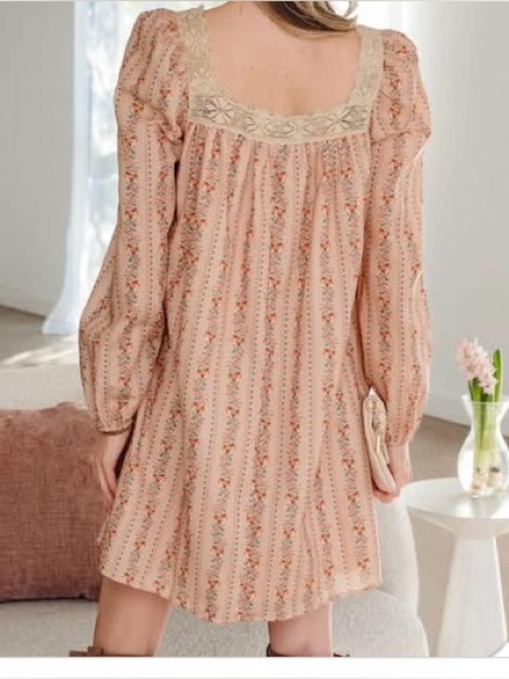 Peach Floral Long-Sleeve Peasant Dress with Velvet Bow & Lace Trim - Picture 13 of 13